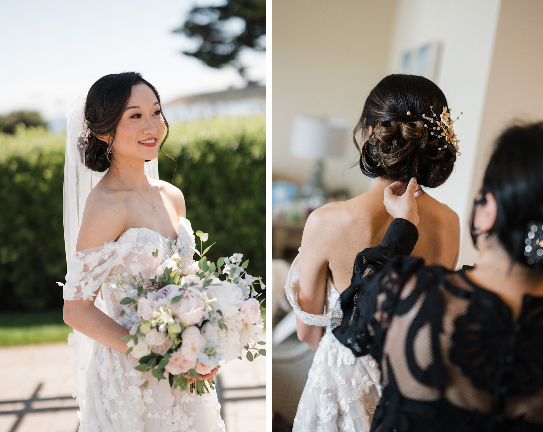 Asian Bride with Elegant Updo Holding Flowers (left), Rear View of Classic Updo with Hairstyling Making an Adjustment (right)
